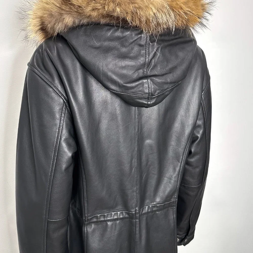 Genuine Lamb Leather Longline Coat Jacket w/ Remove-able Faux Fur Trim Hood - Picture 12 of 16